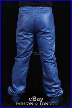 Men's JOGGER Blue Lambskin Premium Real Soft Leather Jogging Trouser Draw Pants
