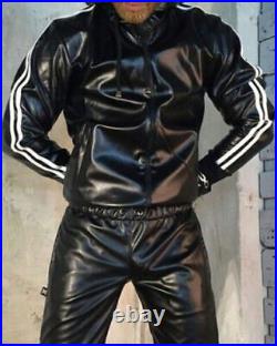 Men's Jogging Trousers and Hoodie Black White Stripes Leather Sweat Tracksuit
