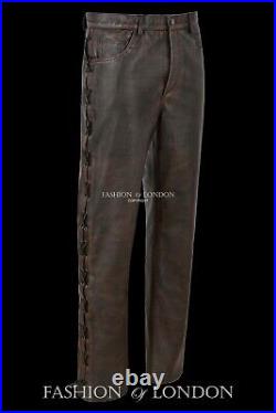 Men's Leather Biker Trouser LACED JEANS STYLE' Black Bronze Cowhide Pants 00126