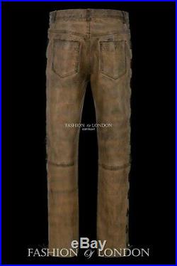 Men's Leather Biker Trouser LACED JEANS STYLE' Dirty Brown Napa Pants 00126