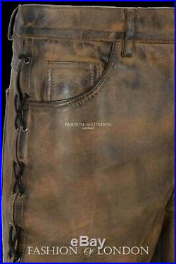 Men's Leather Biker Trouser LACED JEANS STYLE' Dirty Brown Napa Pants 00126