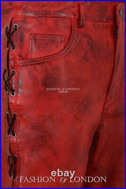 Men's Leather Biker Trouser LACED JEANS STYLE' Dirty Red Napa Pants 00126