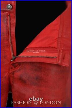 Men's Leather Biker Trouser LACED JEANS STYLE' Dirty Red Napa Pants 00126