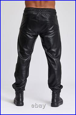 Men's Leather Black Lambskin Sweat Pants. Handmade Soft Leather Joggers trousers