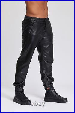 Men's Leather Black Lambskin Sweat Pants. Handmade Soft Leather Joggers trousers