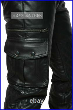Men's Leather Cargo Pants Real Leather Pants Trouser Jeans Black