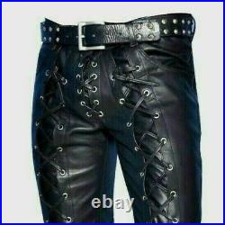 Men's Leather Disco Laced Pants Men Real Party Pant Leather Clubwear Skinny Pant