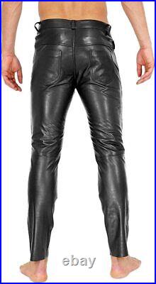 Men's Leather Jeans Pants Black Slim Fit Skinny Low Rise Biker Trouser