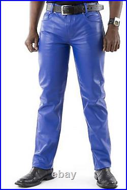 Men's Leather Jeans Pants Blue Slim Fit Skinny Low Rise Biker Trouser