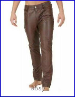 Men's Leather Jeans Pants Brown Slim Fit Skinny Low Rise Biker Trouser