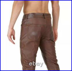 Men's Leather Jeans Pants Brown Slim Fit Skinny Low Rise Biker Trouser