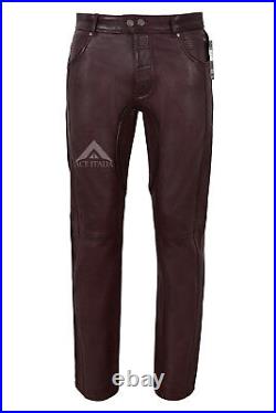 Men's Leather Pant Cherry Napa Stylish Fashion Designer Slim Fit Trousers 4669