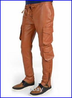 Men's Leather Pant Genuine Lambskin Brown Leather Cargo Pants
