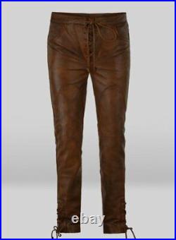 Men's Leather Pant Genuine Sheepskin Leather Lace Up Pant Brown Motorcycle Pant
