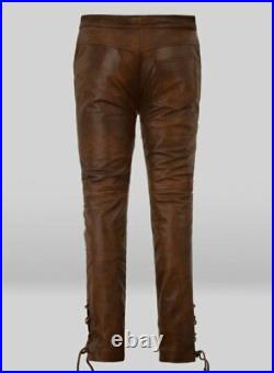 Men's Leather Pant Genuine Sheepskin Leather Lace Up Pant Brown Motorcycle Pant