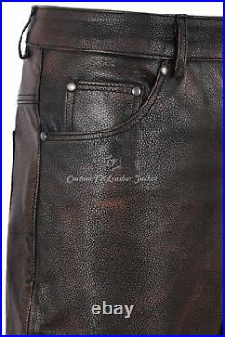 Men's Leather Pants Biker Trouser Black Bronze Jeans Style Cowhide Leather 501