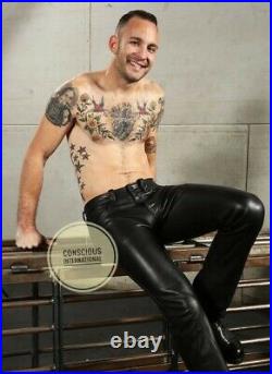 Men's Leather Pants Jeans Thigh fit Trouser Lederhosen Schwarz Cuir Bikers Gay