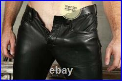Men's Leather Pants Jeans Thigh fit Trouser Lederhosen Schwarz Cuir Bikers Gay