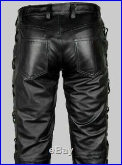 Men's Leather Pants Side Laced Up Bikers Jeans Pants 100% Real Lambskin Leather
