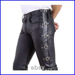 Men's Leather Pants Side Metal Buckle Pants Party Pants Casual Leather Pant