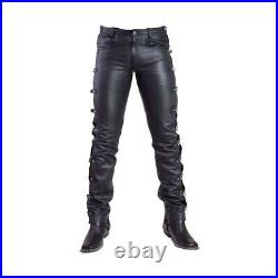 Men's Leather Pants Side Metal Buckle Pants Party Pants Casual Leather Pant