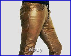 Men's Leather Pants Trouser Jeans Real Brown Thick Cowhide Lederhosen Lederjeans