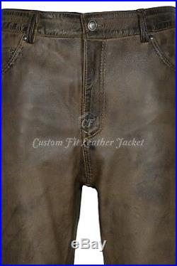 Men's Leather Trouser Dirty Brown Lambskin Leather Jean Motorcycle Style 501