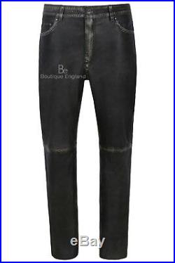 Men's Leather Trouser Motorcycle Black Vintage Lambskin Leather Jean Style 501