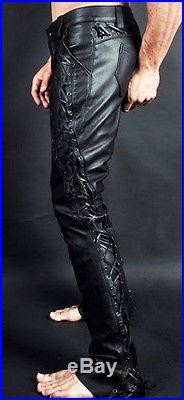 Men`s Leather pants black mens leather trousers lacing new