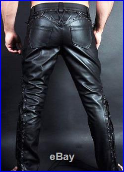 Men`s Leather pants black mens leather trousers lacing new