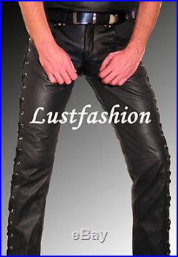 Men`s Leather trousers new black leather pants lace-up pants LEATHER LINING