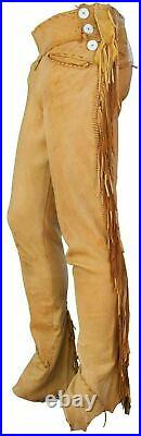 Men's Modern Native American Buckskin Buffalo Ragged Leather Hippie Pants Tp02