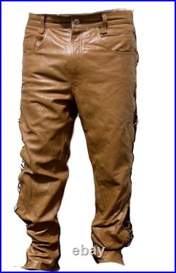 Men's Motorbike Brown Cow Leather Jeans Style Side Laces Nightclub Pant 28- 48