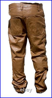 Men's Motorbike Brown Cow Leather Jeans Style Side Laces Nightclub Pant 28- 48