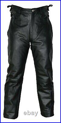 Men's Motorbike Cow Leather Short Laces 5 Pockets Black Leather Pant 28 46