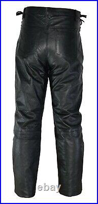 Men's Motorbike Cow Leather Short Laces 5 Pockets Black Leather Pant 28 46
