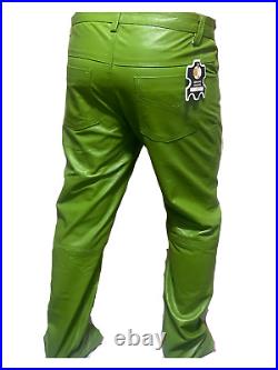 Men's Motorbike Cowhide Leather Pant 5 Pockets Green Leather Pant