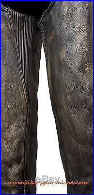 Men's Motorcycle Motorbike Distressed Brown Leather Riding Chap Pants Soft New