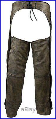 Men's Motorcycle Pant Removable Liner Distressed Leather Chap With 4 Pockets