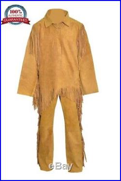 Men's Native American Buckskin Color Suede Leather War Shirt Pants Fringes S03