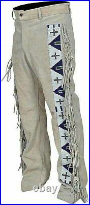 Men's Native American Buckskin/Deerskin Suede Leather Pant Fringes Red Indian