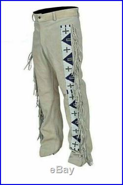 Men's Native American Buckskin Genuine Suede Leather With Fringe beads Work Pant