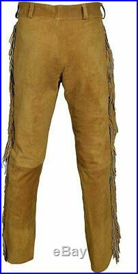 Men's Native American Genuine Buckskin Suede Leather With Fringe beads Work Pant