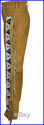 Men's Native American Genuine Suede Leather Pants Sioux Beads Fringe