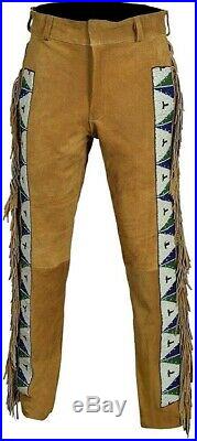 Men's Native American Genuine Suede Leather Pants Sioux Beads Fringe