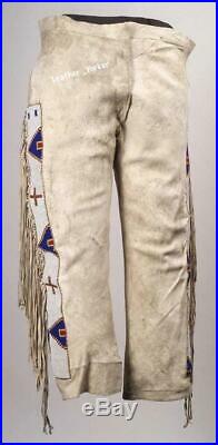 Men's Native American Genuine Suede Leather With Fringes & beads Work Pant