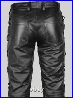 Men's New Motorcycle Leather Pant. Real Soft Lambskin Side Lace Black Biker Pant