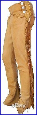 Men's New Native American Buckskin Tan Buffalo Ragged Leather Hippie Pant Fp26