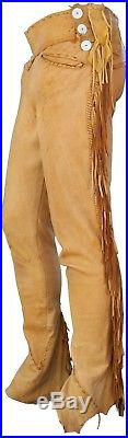 Men's New Tan Western Handmade Super Suede Leather Fringes Pant / Trouser