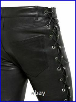 Men's Pant's Leather Pants Black Genuine Soft Lambskin Biker Side Lays Pants